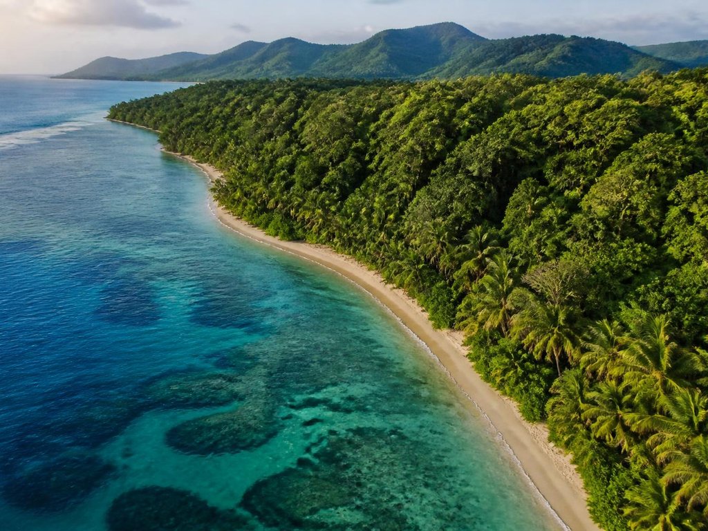 Aerial view of forested coastline and reef — the Founders Loop landing image